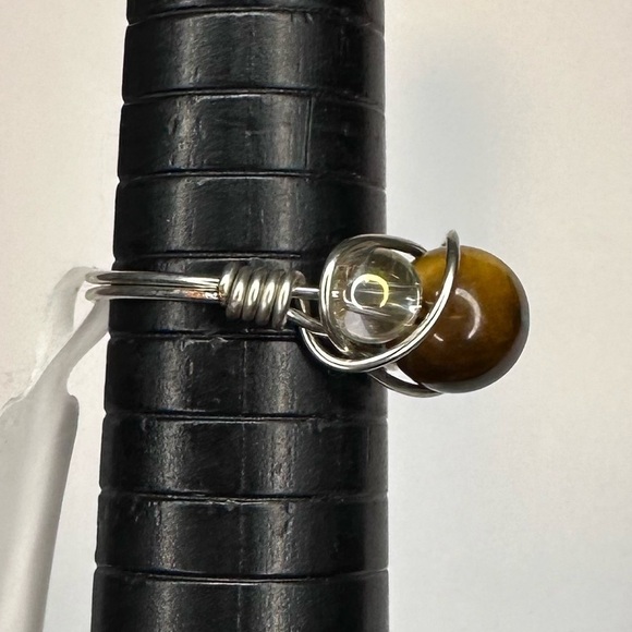 Tiger eye ring silver color glass beads handmade wire wrap - Picture 3 of 5